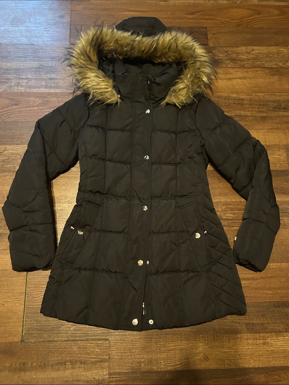Tommy Hilfiger Faux Fur Hooded Puffer Jacket Coat Black XS Detachable Hood